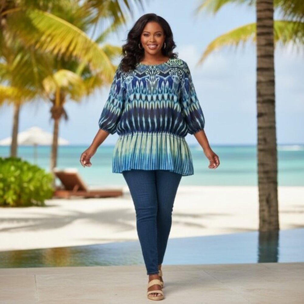 Chico's Chico Women's Blue Green Ikat Print Tops L